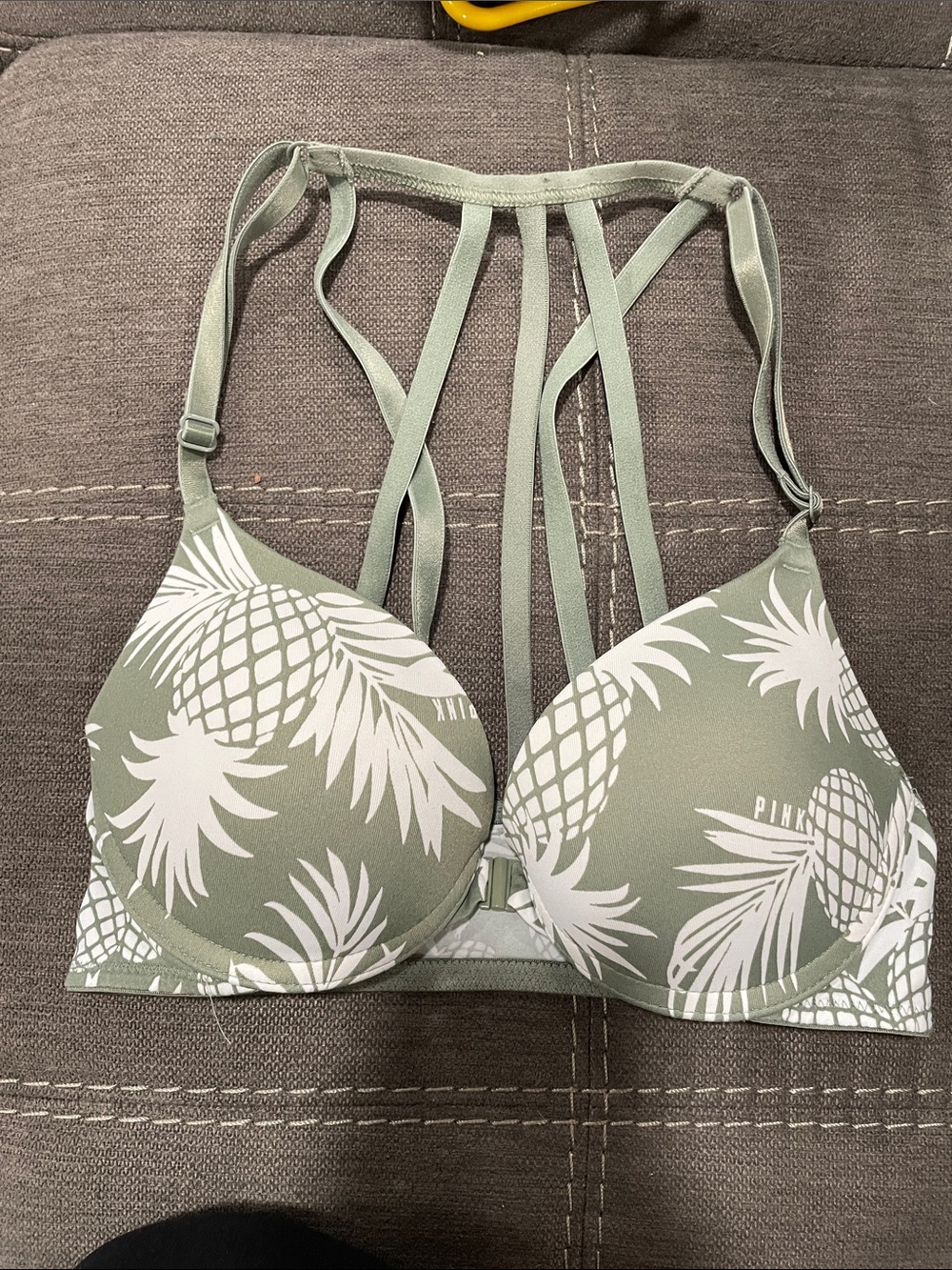 PINK Victoria's Secret Olive Green Pineapple Print Strappy Front-Close Bra